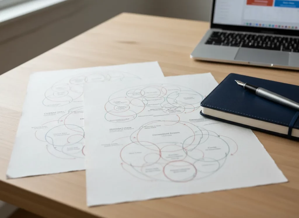 Deux diagrammes relationnels, imprimés avec une grande finesse sur un papier épais blanc cassé, se chevauchent. Ils représentent des cercles entrecroisés et des flèches douces et fluides, dans des tons bleu pastel et terracotta chauds. Les feuilles sont soigneusement disposées sur une table de coaching en bois clair, à côté d'un carnet fermé en cuir bleu marine et d'un stylo-plume argenté. Derrière elles, l'écran flou d'un ordinateur portable affiche un calendrier simple, suggérant des séances structurées. Une lumière diffuse et tamisée, provenant d'une fenêtre invisible, illumine doucement les feuilles, rehaussant leur texture et leurs couleurs subtiles. Un réalisme photographique, une composition nette et organisée, une prise de vue en plongée qui souligne la clarté, la structure et le professionnalisme de l'accompagnement en coaching relationnel.