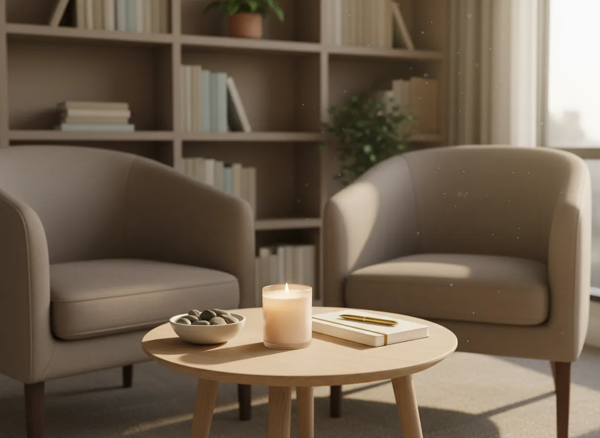 Un coin consultation chaleureux et accueillant, aménagé avec deux fauteuils modernes recouverts d'un tissu taupe doux, fait face à une table basse ronde en bois. Sur la table reposent une bougie de soja allumée dans un photophore en verre dépoli, un petit bol en céramique rempli de galets polis et un carnet crème fermé par un élastique doré. À l'arrière-plan, une bibliothèque floue présente des livres aux tons neutres soigneusement rangés et une plante verte solitaire. Une douce lumière dorée diffuse, venant de la droite, projette des ombres douces et allongées ainsi qu'une lueur apaisante. Le réalisme photographique, associé à une composition équilibrée à hauteur des yeux, instaure un climat de confidentialité, d'intimité et de professionnalisme propice à l'épanouissement de sujets émotionnels et conjugaux délicats.