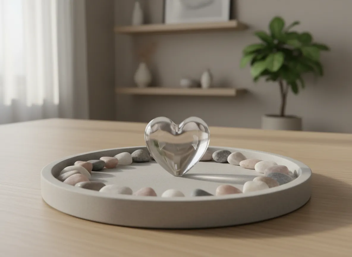 Un cœur en verre translucide et délicat repose au centre d'un plateau circulaire en pierre lisse à la finition mate, posé sur une table en chêne clair. Autour du cœur, plusieurs petites pierres polies aux teintes rose poudré, gris tourterelle et blanc cassé forment un cercle protecteur imparfait. La scène se déroule dans une pièce sereine et épurée, aux étagères aux tons neutres et où une plante verte solitaire se devine en arrière-plan. La douce lumière du matin pénètre par la gauche, créant de subtils reflets sur le verre et de douces ombres portées par les pierres. Un réalisme photographique à l'esthétique minimaliste et professionnelle, capturée en léger surplomb, souligne le symbolisme de la vulnérabilité émotionnelle contenue dans un environnement sécurisant et empreint de confiance.