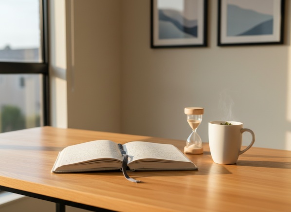 Un bureau en bois soigneusement agencé présente un carnet ouvert à la couverture de lin, orné d'un marque-page en tissu gris clair, une tasse de tisane en céramique lisse et un petit sablier à moitié rempli. Le bureau se trouve près d'une grande fenêtre, dans un bureau moderne et apaisant, aux murs beige clair et à quelques estampes encadrées minimalistes évoquant des vagues et des courbes douces. La lumière naturelle de fin d'après-midi filtre à travers les fenêtres, créant de doux reflets chauds sur le grain du bois et de délicates ombres sous chaque objet. Le réalisme photographique, empreint d'une esthétique moderne et épurée, est obtenu par une prise de vue à hauteur des yeux avec une faible profondeur de champ. Le carnet reste net tandis que l'arrière-plan se floute légèrement, instaurant une atmosphère professionnelle, rassurante et propice à la réflexion, idéale pour un accompagnement émotionnel et relationnel.
